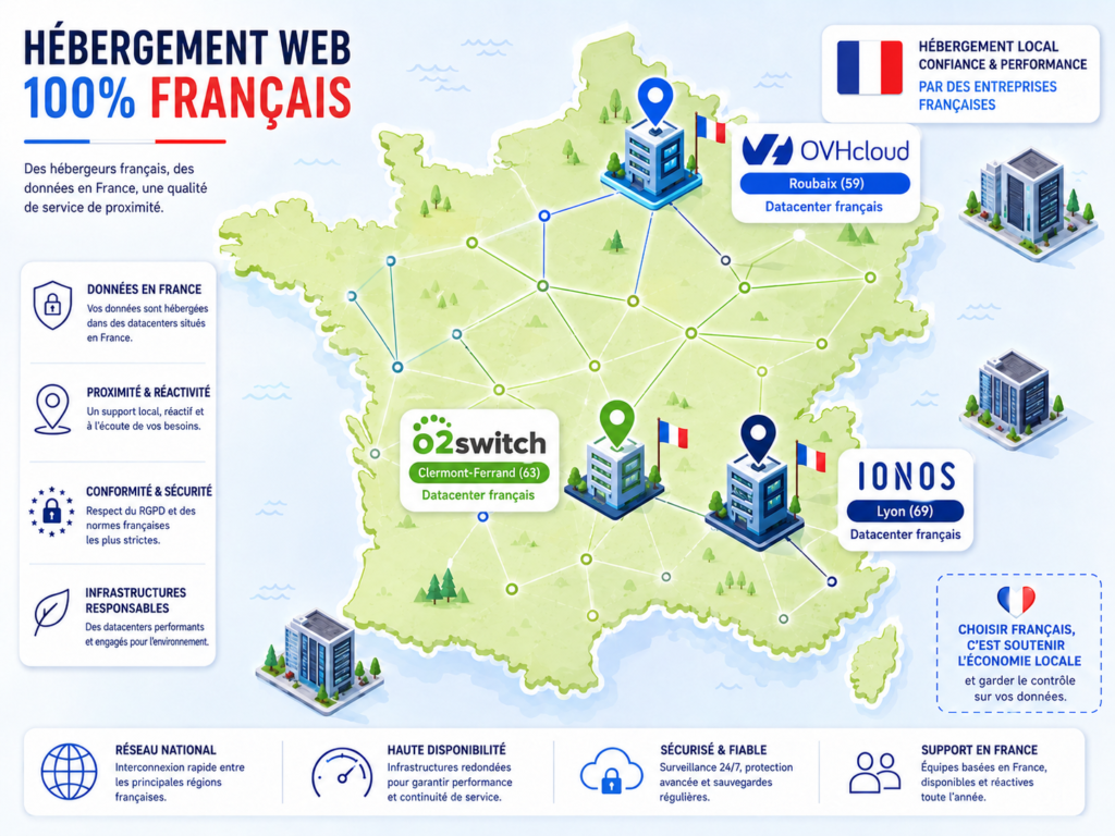 Hébergeurs France : o2switch, OVH, Ionos comparés