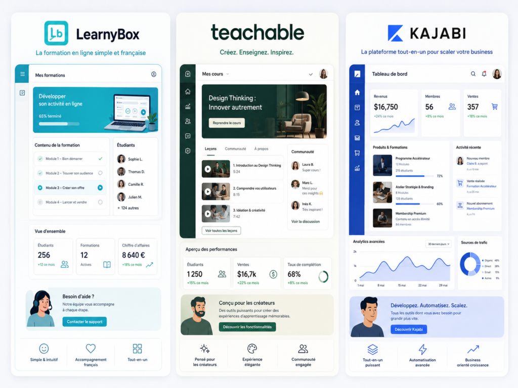 Plateforme cours en ligne 2026 : Learnybox, Teachable, Kajabi